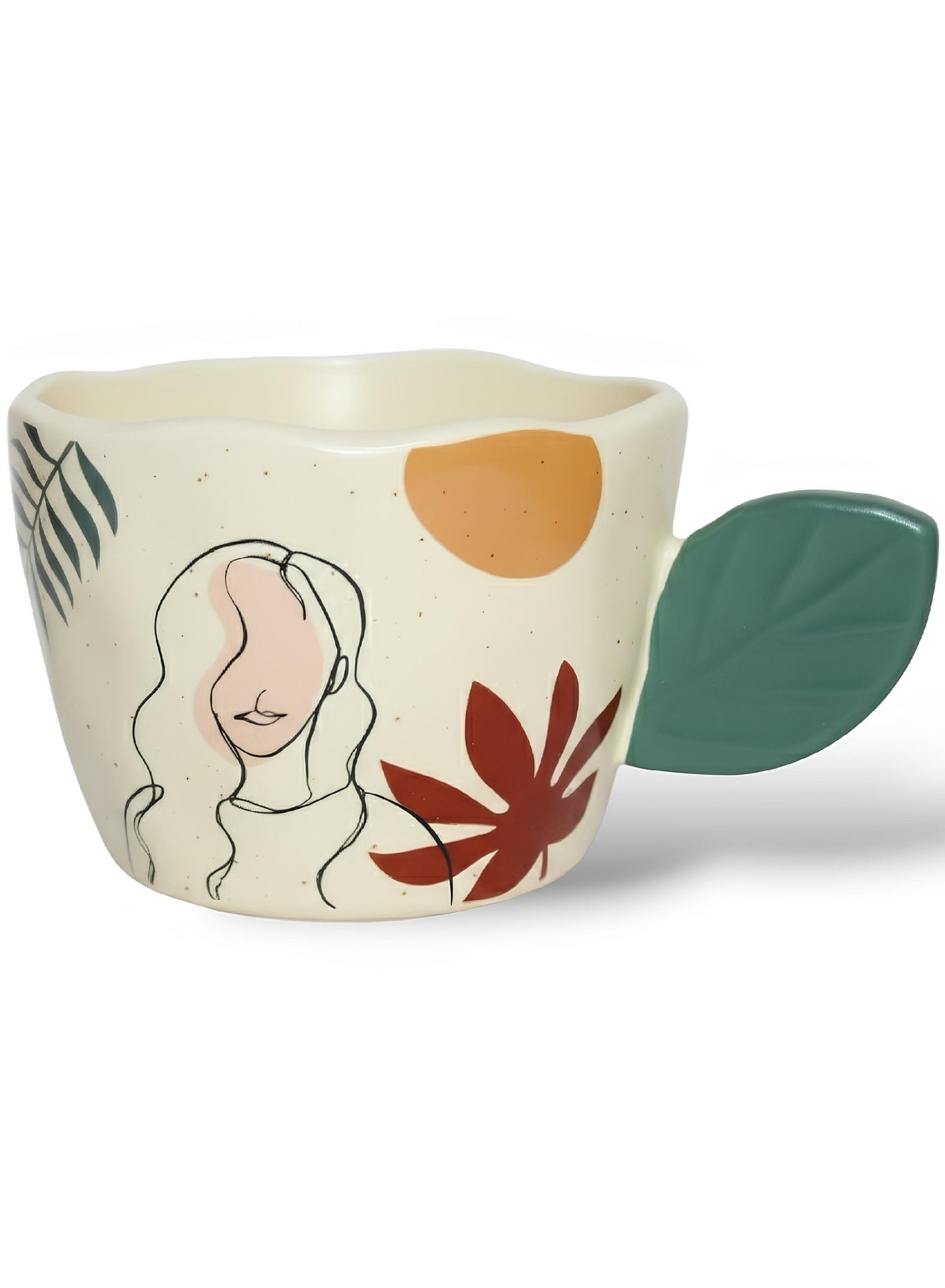 Premium 360ml Porcelain Mug in Speckled cream Beige Featuring Minimalist Line Art Woman Design and Unique Green Leaf Shaped Handle for Elegant Coffee and Tea Service